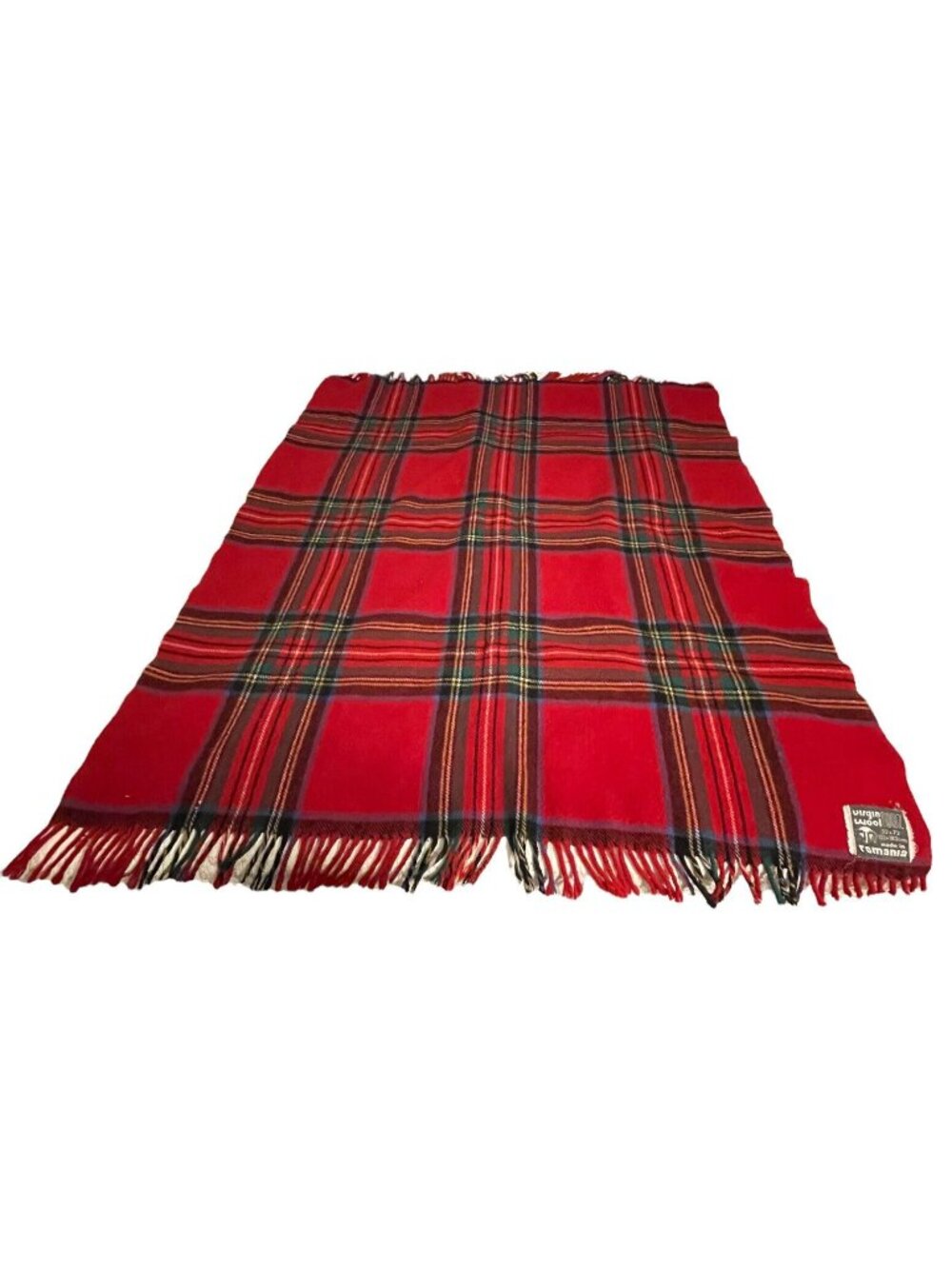 Vintage Romanian 100% Virgin Wool Throw Blanket Red Black White Tartan Plaid EUC